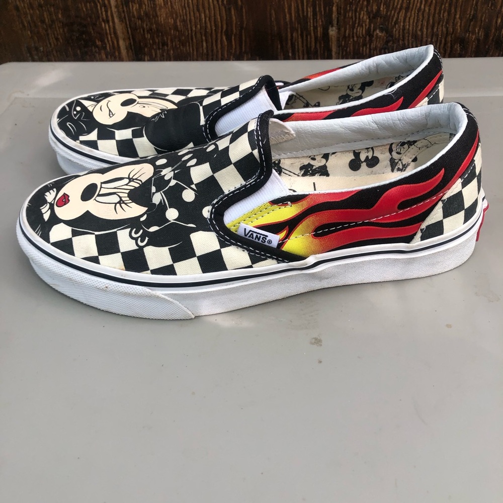 Vans Black & White Checkerboard Slip-Ons with Red/Yellow Flame and Mickey Art - Picture 3 of 6